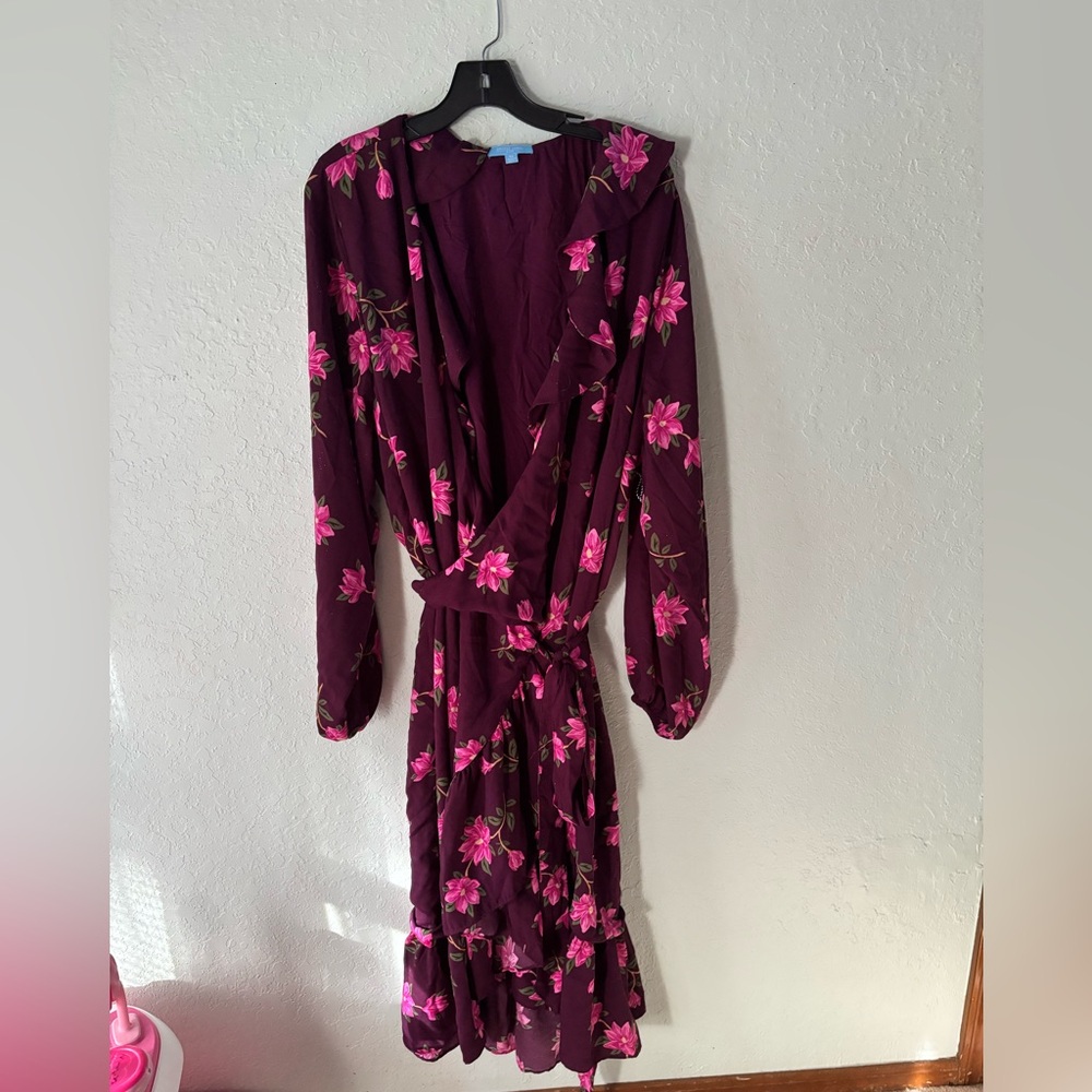 Draper James Burgundy and Pink Floral Long Sleeve Dress